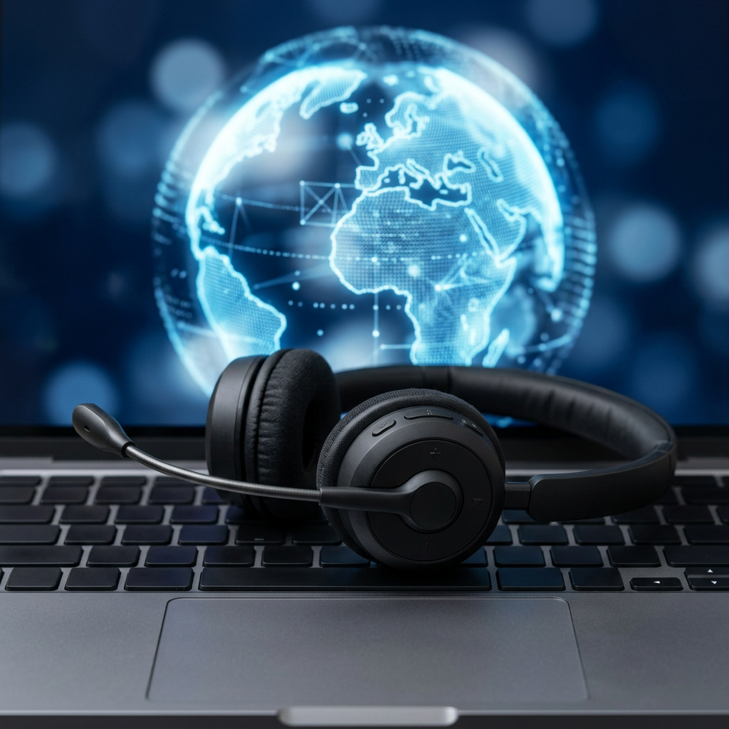 A call headset resting on a laptop keyboard, a glowing globe behind it. Generated illustration.