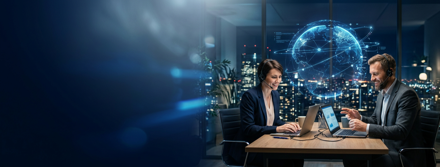 Two callers in headsets working at a table, with a glowing globe behind them. Generated illustration.