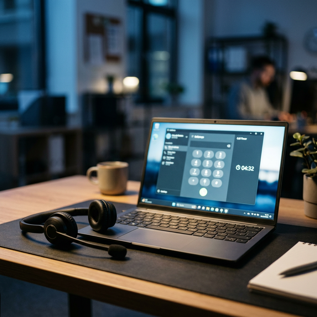 A headset beside a laptop showing a dialer keypad