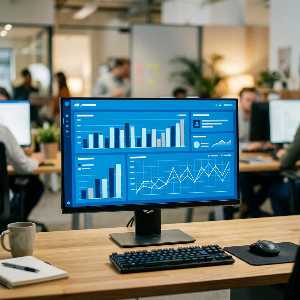 A monitor showing a dashboard of bar and line charts