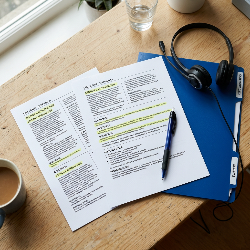Printed call scripts with highlighted lines beside a headset