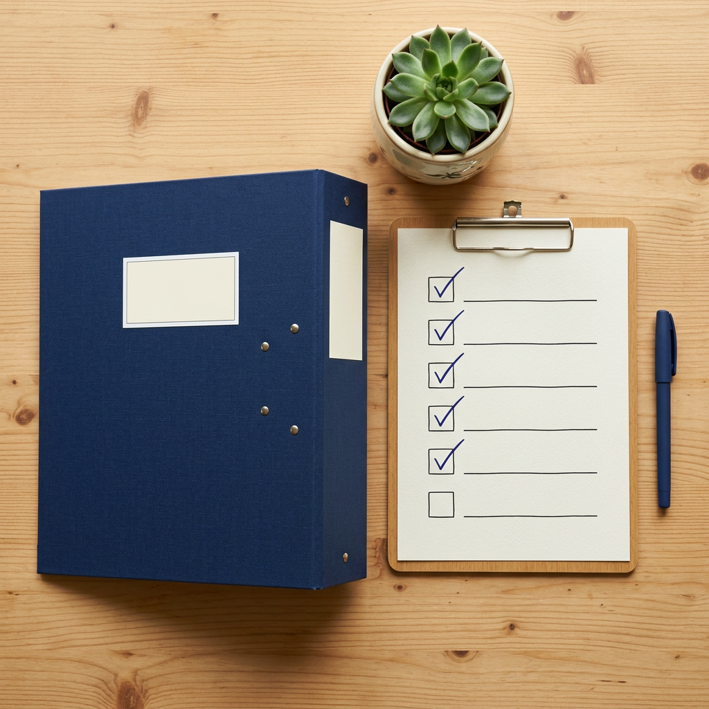 A binder and a clipboard with a ticked checklist